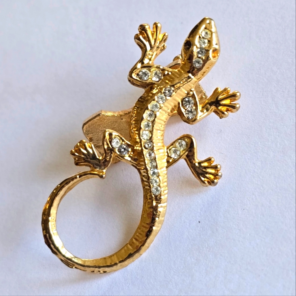 Vintage lizard brooch trembler tremblant pin gold tone salamander gecko reptile
